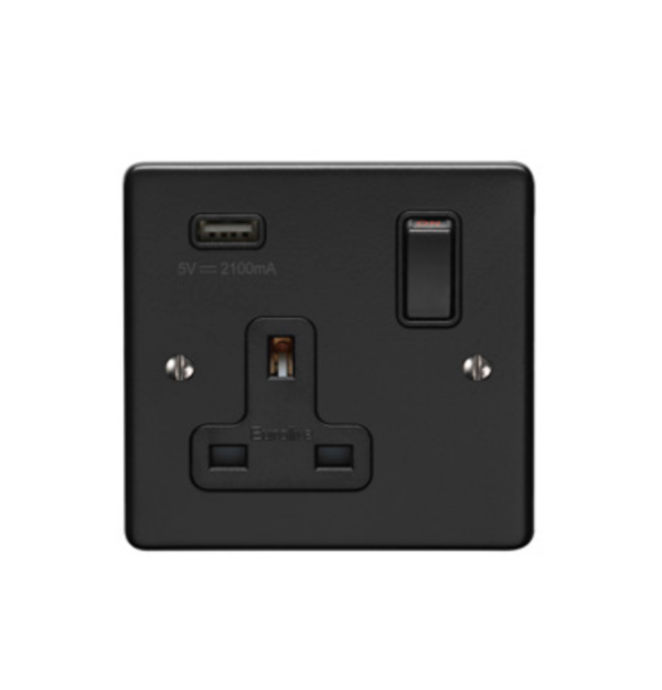 Eurolite Efmb1Usbmbb 1 Gang 13Amp Switched Socket With 2.1 Amp Usb Outlet Matt Black Black Trim