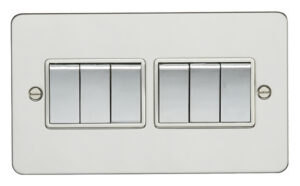 Eurolite Efpss6Swpsw 6 Gang 10Amp 2Way Switch Flat Polished Stainless Steel Plate Matching Rockers White Trim