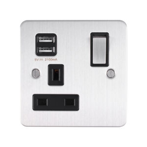 Eurolite Efsss1Usbssb 1 Gang 13Amp Switched Socket With 2.1 Usb Outlet Enhance Flat Satin Stainless Steel Plate Matching Rocker Black Trim