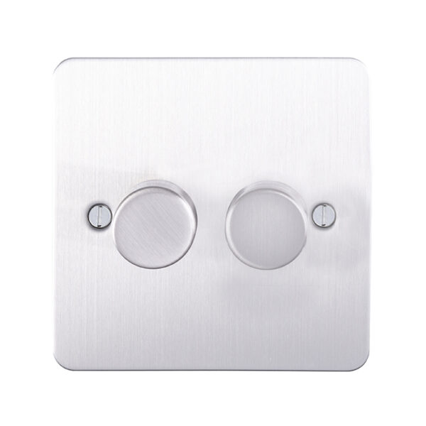 Eurolite Efsss2D400 2 Gang 400W Push On Off 2Way Dimmer Switch Enhance Flat Satin Stainless Steel Plate Matching Knobs