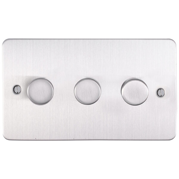 Eurolite Efsss3D400 3 Gang 400W Push On Off 2Way Dimmer Switch Enhance Flat Satin Stainless Steel Plate Matching Knobs