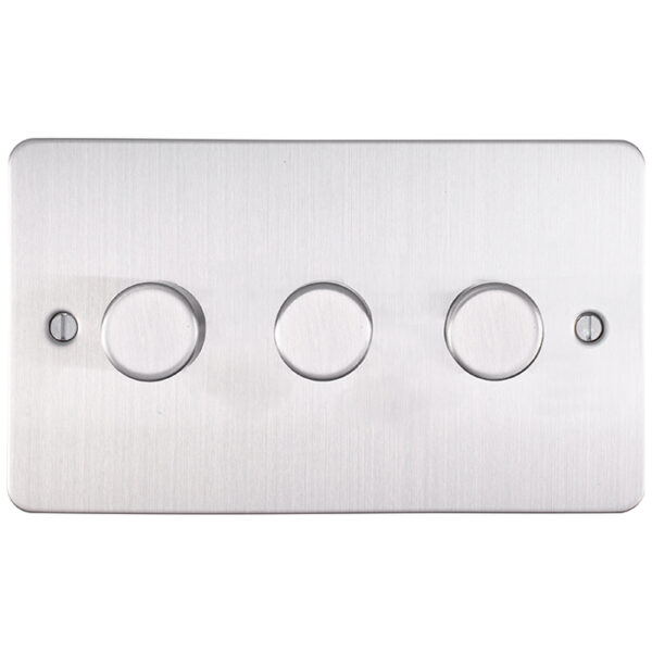 Eurolite Efsss3Dled 3 Gang Led Push On Off 2Way Dimmer Switch Enhance Flat Satin Stainless Steel Plate Matching Knobs