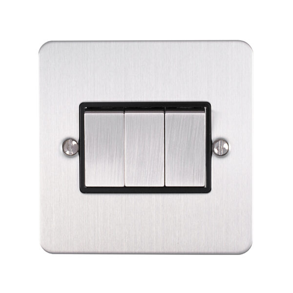 Eurolite Efsss3Swssb 3 Gang 10Amp 2Way Switch Enhance Flat Satin Stainless Steel Plate Matching Rockers Black Trim