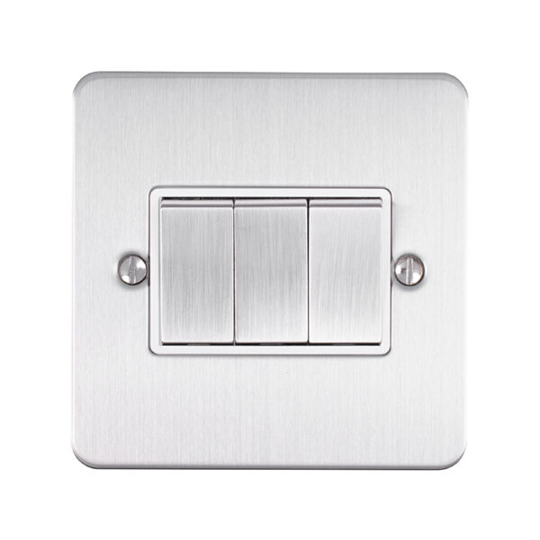 Eurolite Efsss3Swssw 3 Gang 10Amp 2Way Switch Enhance Flat Satin Stainless Steel Plate Matching Rockers White Trim