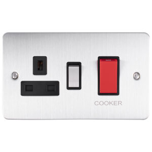 Eurolite Efsss45Aswasssb 45Amp Dp Cooker Switch With 13Amp Socket Enhance Flat Satin Stainless Steel Plate Red Rockers Black Trim