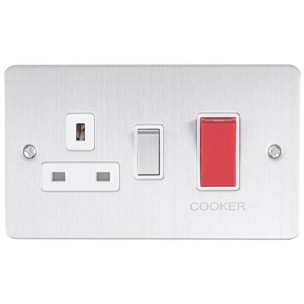 Eurolite Efsss45Aswasssw 45Amp Dp Cooker Switch With 13Amp Socket Enhance Flat Satin Stainless Steel Plate Red Rockers White Trim