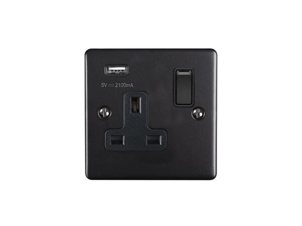 Eurolite En1Usbmbb 1 Gang 13Amp Switched Socket With 2.1 Amp Usb Outlet Matt Black Enhance Range Black Trim