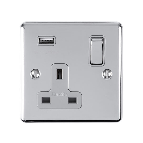 Eurolite En1Usbpcg 1 Gang 13Amp Switched Socket With 2.1 Amp Usb Outlet Polished Chrome Enhance Range Grey Trim