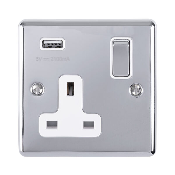 Eurolite En1Usbpcw 1 Gang 13Amp Switched Socket With 2.1 Amp Usb Outlet Polished Chrome Enhance Range White Trim