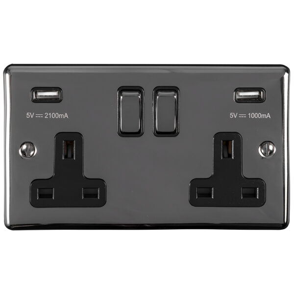 Eurolite En2Usbbnb 2 Gang 13Amp Switched Socket With Comb 3.1 Amp Usb Outlets Black Nickel Enhance Range Black Trim