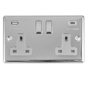 Eurolite Enhance Decorative 2 Gang 13Amp Switched Socket With Usb C Polished Chrome - Polished Chrome