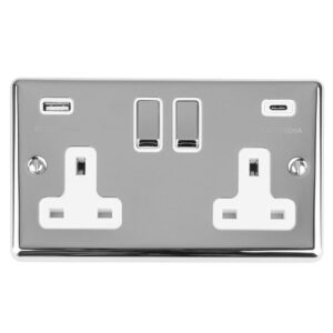 Eurolite Enhance Decorative 2 Gang 13Amp Switched Socket With Usb C Polished Chrome - Polished Chrome
