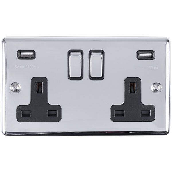 Eurolite En2Usbpcb 2 Gang 13Amp Switched Socket With Comb 3.1 Amp Usb Outlets Polished Chrome Enhance Range Black Trim