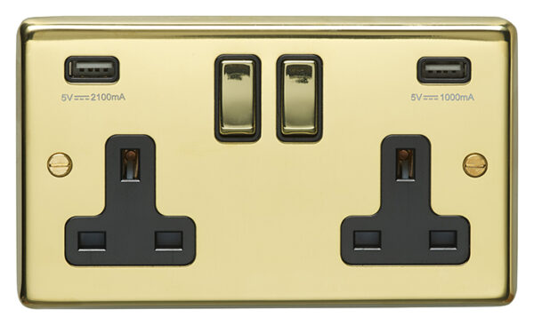 Eurolite Pb2Usbpbb 2Gang13Amp Switched Socket With Combined 4.8 Ampusb Outlets Round Edge Polished Brass Plate Matching Rockers Black Trim