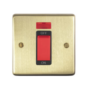 Eurolite Pb45Aswnsb 45Amp Dp Cooker Switch With Neon Single Round Edge Polished Brass Plate Red Rocker Black Trim