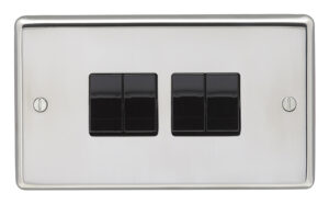Eurolite Pss4Swb 4 Gang 10Amp 2Way Switch Round Edge Polished Stainless Steel Plate Black Rockers