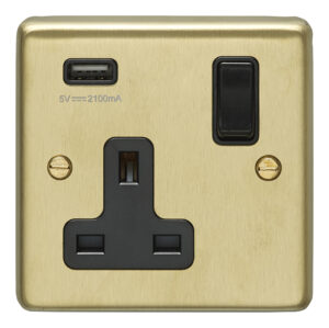 Eurolite Sb1Usbb 1 Gang 13Amp Switched Socket With 2.1 Amp Usb Outlet Round Edge Satin Brass Plate Black Rocker