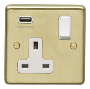 Eurolite Sb1Usbw 1 Gang 13Amp Switched Socket With 2.1 Amp Usb Outlet Round Edge Satin Brass Plate White Rocker