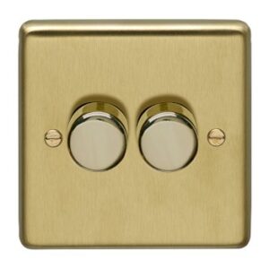 Eurolite Sb2D400 2 Gang 400W Push On Off 2Way Dimmer Round Edge Satin Brass Plate Polished Brass Knobs