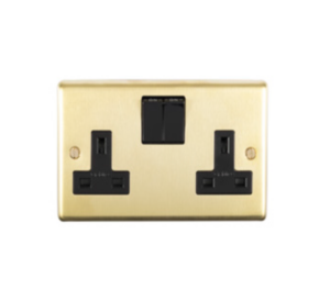 Eurolite Sb2Sopbb 2 Gang 13Amp Dp Switched Socket Round Edge Satin Brass Plate Polished Brass Rockers Black Trim