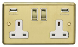Eurolite Sb2Usbpbw 2 Gang 13Amp Switched Socket With Combined 3.1Ampusb Outlets Round Edge Satin Brass Plate Matching Rockers White Trim