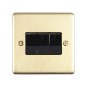 Eurolite Sb3Swb 3 Gang 10Amp 2Way Switch Round Edge Satin Brass Plate Black Rockers