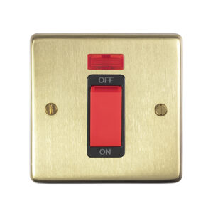 Eurolite Sb45Aswnsb 45Amp Dp Cooker Switch With Neon Single Round Edge Satin Brass Plate Red Rocker Black Trim