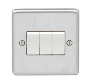 Eurolite Sss3Sww 3 Gang 10Amp 2Way Switch Round Edge Satin Stainless Steel Plate White Rockers