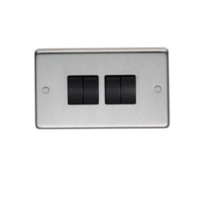 Eurolite Sss4Swb 4 Gang 10Amp 2Way Switch Round Edge Satin Stainless Steel Plate Black Rockers