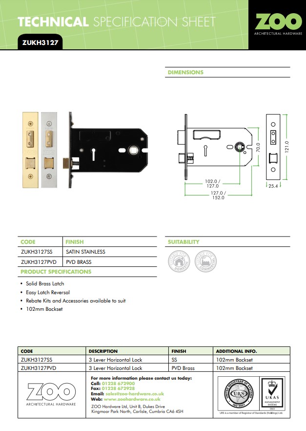 Zoo Hardware 3 Lever Horizontal Lock (127Mm Or 152Mm), Pvd Stainless Brass