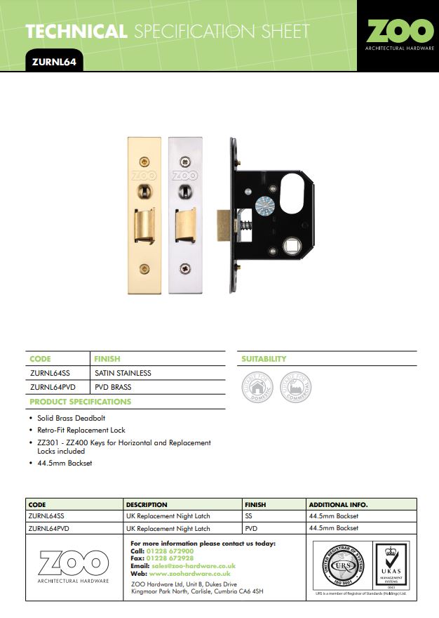 Zoo Hardware Replacement Nightlatch - 64mm c/w PVD Forend and Strike