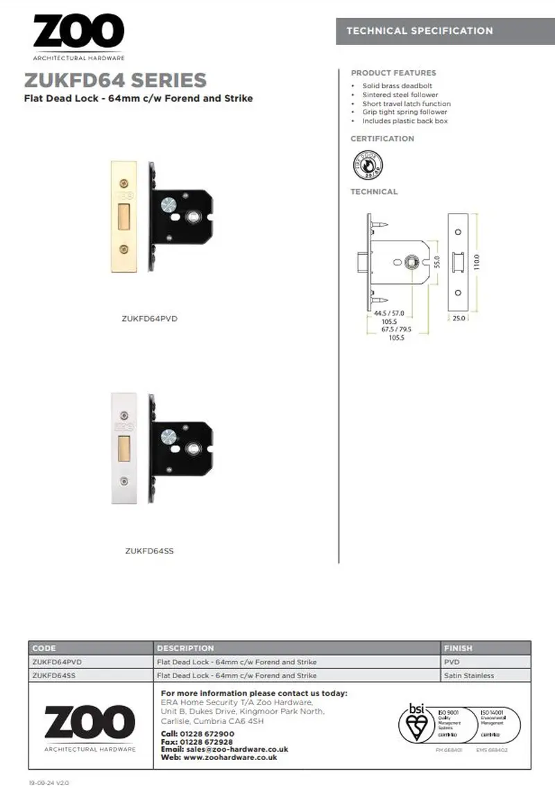 Zoo Hardware Flat Dead Bolt (67.5Mm, 79.5Mm Or 105.5Mm), Pvd Stainless Brass