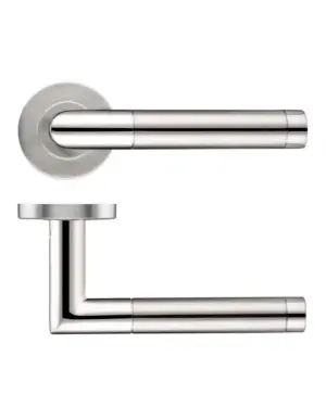 Zoo Hardware Zcs2 Contract Mitred Lever On Round Rose, Dual Finish Polished & Satin Stainless Steel (Sold In Pairs)